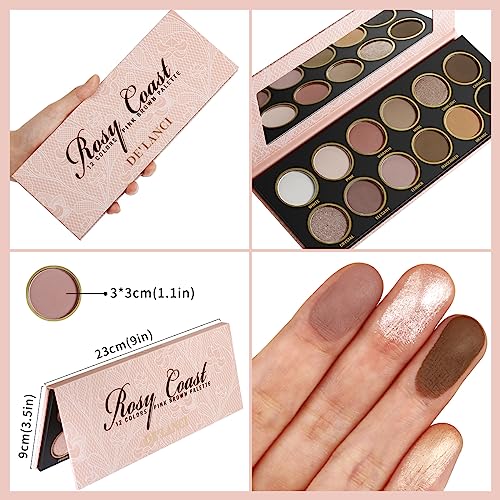 De'lanci Soft Pink Brown Eyeshadow Palette,12 Color Matte Shimmer Nudes Neutral Eyeshadow Palette For Natural Or Smoky Eye Look, Long Lasting Naked Shade For Women And Girls,Ultra-Blendable,Earth Tone #TOP4