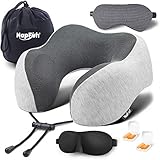 NAPFUN Neck Pillow for Traveling, Upgraded Travel Neck Pillow for Airplane 100% Pure Memory Foam Travel Pillow for Flight Headrest Sleep, Luxury Plane Accessories, Light Grey