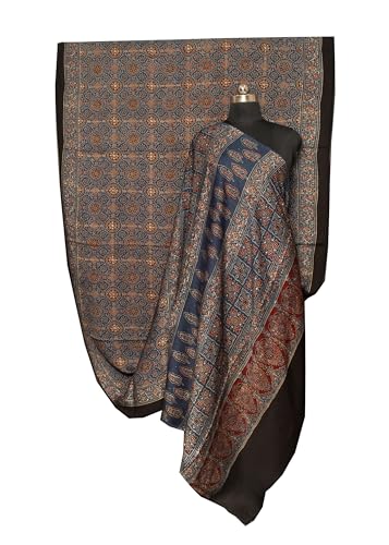 Image of Ethnics of Kutch Womenss Ajrakh Modal Silk Natural Dye Hand Block Print Saree with Blouse Piece - 5.5 Mtr Length