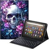Qindaiwen Keyboard Case for All-New Amazon Fire HD 8/8 Plus (12th Generation/10th Generation, 2024/2022/2020 Release), PU Leather Stand Cover with Detachable Bluetooth Keyboard, Skull Flowers