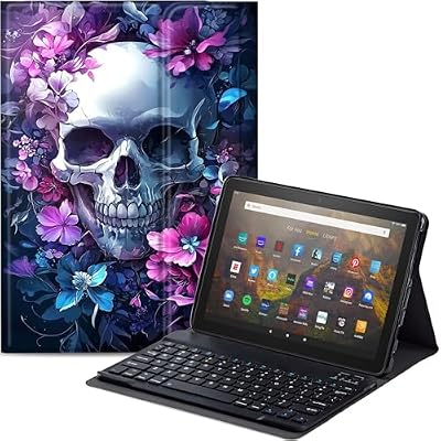 Qindaiwen Keyboard Case for All-New Amazon Fire HD 8/8 Plus (12th Generation/10th Generation, 2024/2022/2020 Release), PU Leather Stand Cover with Detachable Bluetooth Keyboard, Skull Flowers