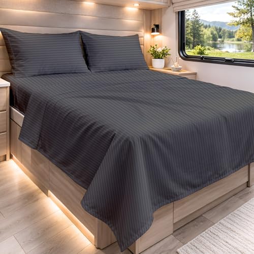 Cottington Lane RV Three Quarter Sheets, 100% Egyptian Cotton, 3/4 Bunk Size 48" x 80", 4 Piece Sheet Set for Campers & Motorhomes, High Thread Count Dark Grey Stripe with 6-10" Deep Pocket