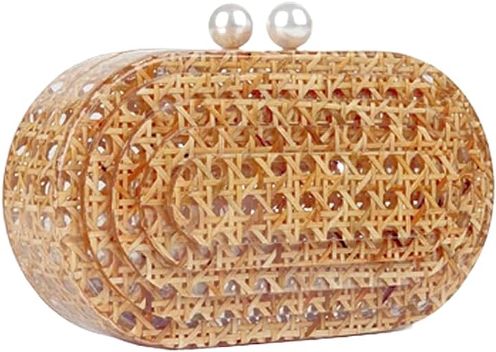 Women Acrylic Rattan Clutch Purse Rattan Woven Evening Bag Wedding Party Purse Summer Beach Wicker Shoulder Handbag - Image 3