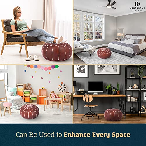 Marrakesh Gallery Genuine Leather Round Pouf Unstuffed - Moroccan Ottoman Footstool, Footrest Cover - Boho Decor - Bohemian Living Room, Bedroom, Kids Room, Gift & Wedding (Dark Brown) - Thumbnail 6