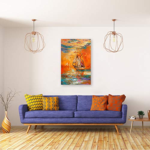Decor Mi Abstract Boat Decor Canvas Wall Art Sailboat Seagull Canvas Prints Wall Art Large Orange Wooden Framed Seascape Canvas Print Painting For Living Room Bedroom Office Home Decor 24X36 Inch #TOP5