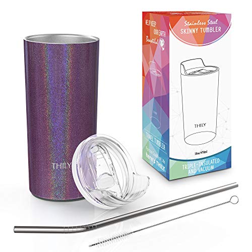 Thily Stainless Steel Insulated Cup Travel Mug With Lid And Straw, 16 Oz Reusable Tumbler, Keep Cold Or Hot For Ice Water, Coffee, Cocktail, Glitter Red-Brown #TOP4
