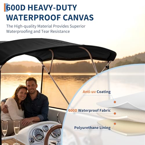 GarveeLife Universal 4 Bow Boat Bimini Top Replacement Canvas & Detachable Side Curtain with Storage Boot, 600D Marine Grade Sun Shade Boat Canopy Cover, No Frame, 8'L * 97"-103" W, Black by GarveeLife - Used condition - Image 5