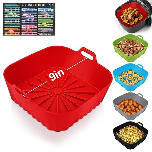 Square Silicone Air Fryer Liners 9 Inch Reusable Air Fryer Pot - Air Fryer Liners Silicone Air Fryer Inserts for 6 to 9 QT for Oven Microwave Accessories (1 Pcs Red)