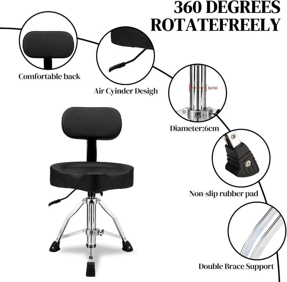 Trono per batteria regolabile con schienale, sgabello idraulico, sedile a sella, per batteristi, adatto per pianoforte, chitarra, studio e pratica musicale