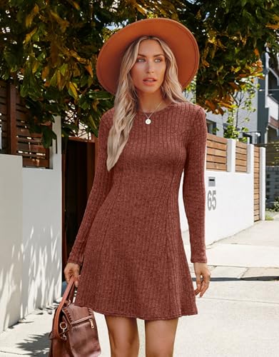 OFEEFAN Fall Dresses for Women 2025 Long Sleeve Crew Neck Sweater Dress3