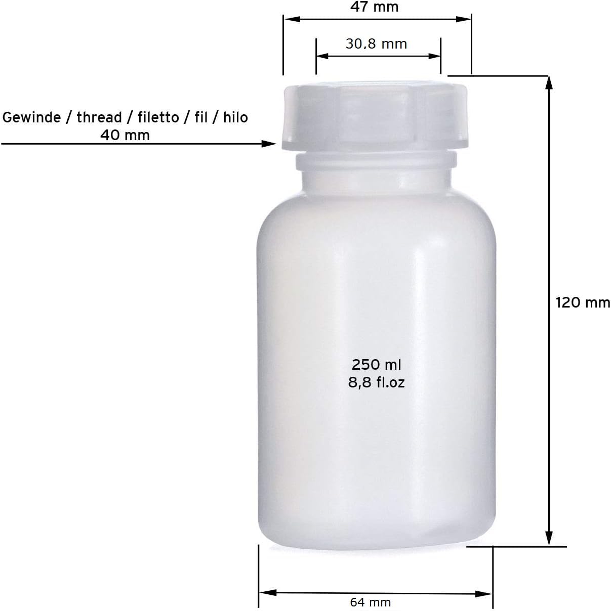 Generisch Weithalsflasche 250 ml mit Schraubverschluss, Apothekerflasche, Laborflasche, Medizinflasche, Vorratsdose, Kunststoffdose, aus Kunststoff (PE-LD) - made in Germany (50)