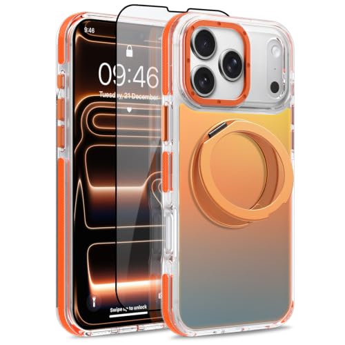 Image of Magnetic for iPhone 17 Pro Case with 360 Stand [Compatible with Magsafe] [Fluorescent Design] [1 Screen Protector] Slim Translucent Matte Case for iPhone 17 Pro 6.3 inch, Orange