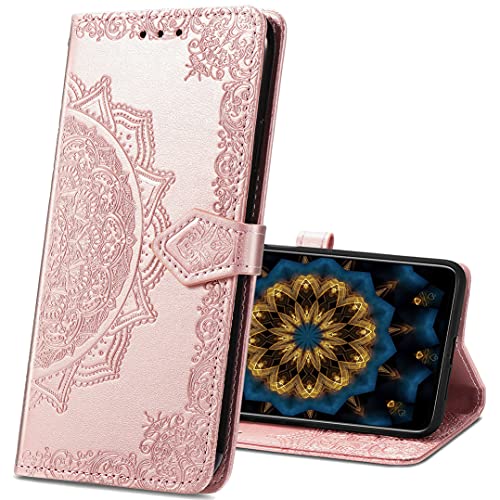 MRSTER Coque OnePlus 7T, Mandala Emboss [Stand Support] [Porte-Cartes de Crédit] [Fermeture Magnétique] Portefeuille Étui Housse Coque pour OnePlus 7T. SD Mandala Rose Gold Cover