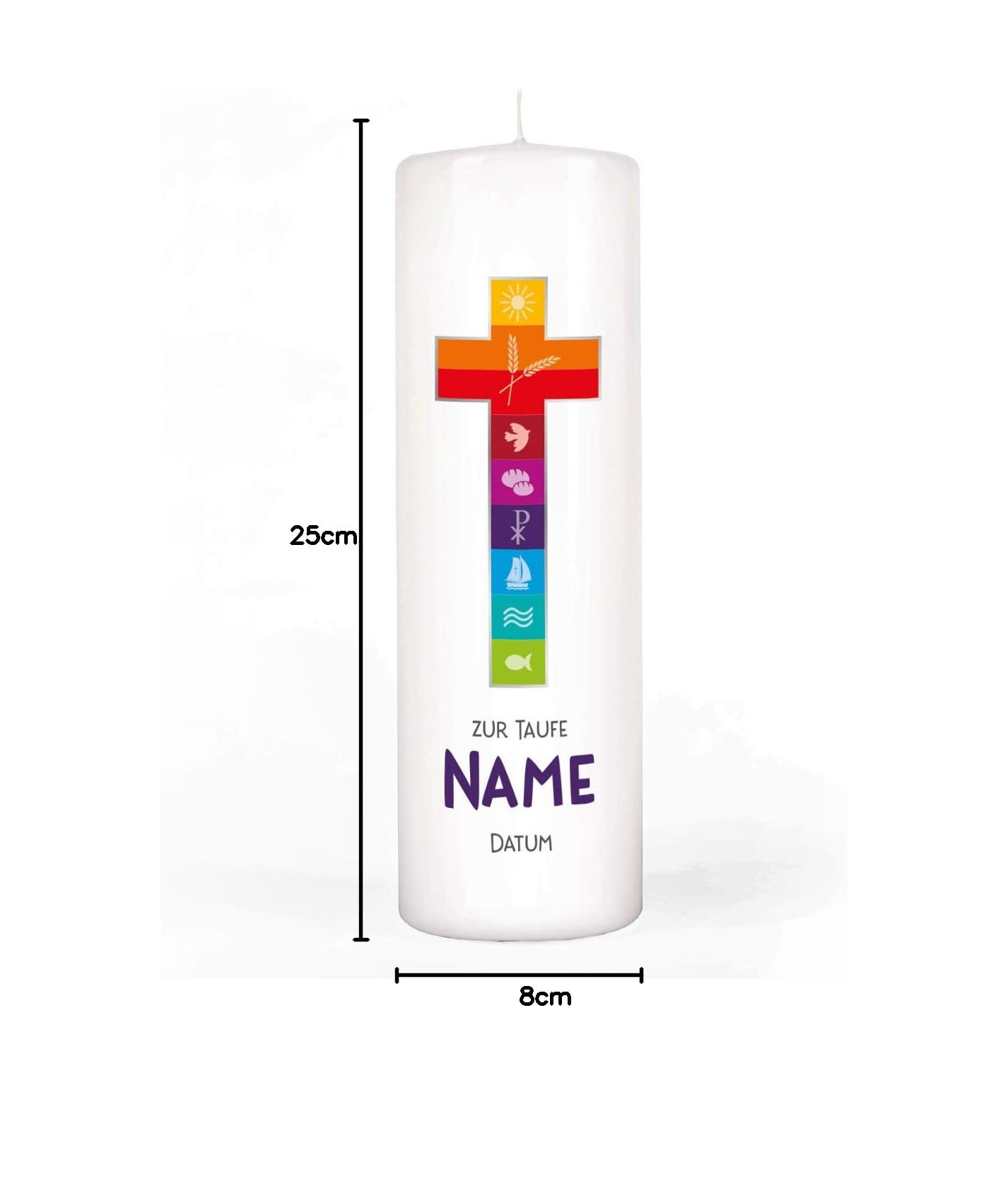 Striefchen® Taufkerze mit buntem Kreuz, Namen u. Taufdatum sowie eigenen Taufspruch 8 x 25 cm