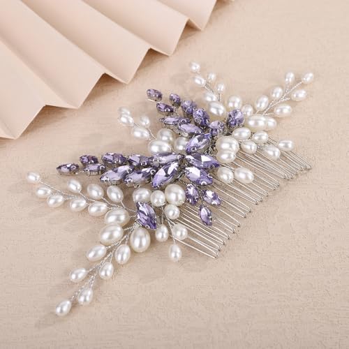 Peine para cabello nupcial con perlas y cristales morado miniatura 2