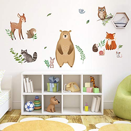 Decalmile Large Woodland Animals Leaf Wall Decals Bear Fox Deer Wall Stickers Baby Nursery Kids Bedroom Classroom Wall Decor #TOP1