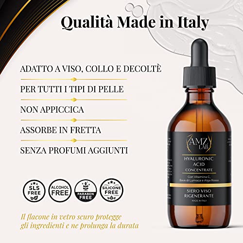 •100ml• Siero Viso Acido Ialuronico PURO, Siero Vitamina C, Con Bava Di Lumaca E Alga Rossa, Siero Idratante Ideale Come Crema Contorno Occhi Antirughe E Occhiaie, Made In Italy