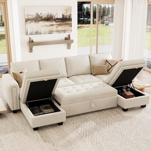Belffin Modular Sectional Sleeper Sofa with Pull Out Bed Velvet Convertible U Shaped Sectional Sofa Couch with Storage Chaises for Living Room Beige - Thumbnail 3