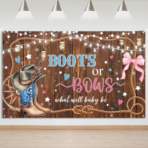Mocsicka Boots or Bows Gender Reveal Banner Backdrop Decorations 6x3.6ft