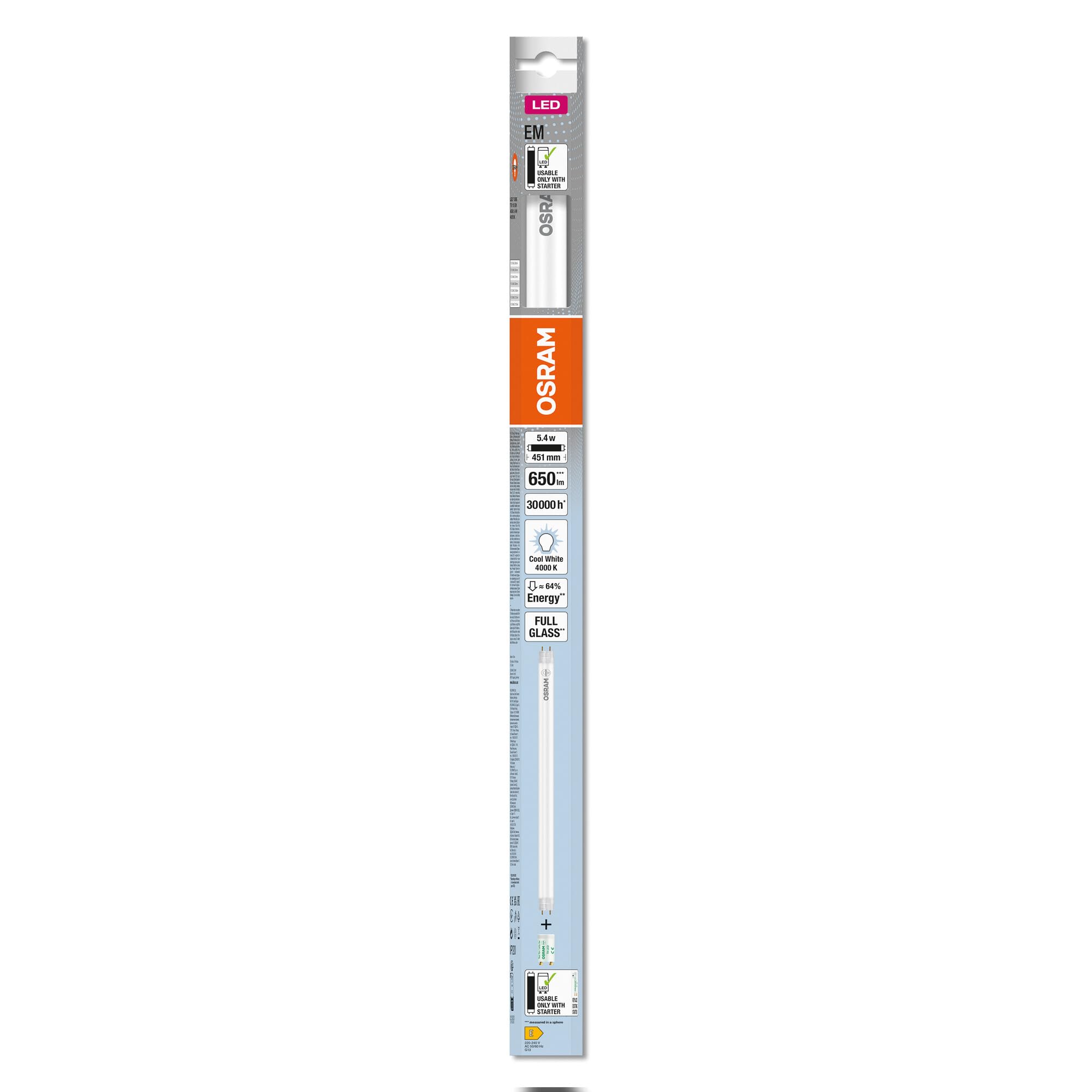 OSRAM LED TUBE T8 15 EM 438 mm, tubo LED lineare, 5.4W, 650lm, 4000K, luce bianca fredda, sostituzione LED per tubi fluorescenti T8 con attacco G13, lunga durata, basso consumo energetico