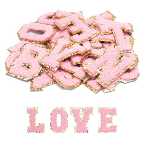 VOSSOT Lot de 26 patchs de lettres de l'alphabet en chenille - 6 x 5,6 cm - Autocollants à coudre - Rose - Lettres pour travaux manuels, vêtements, jeans, sacs, chaussures