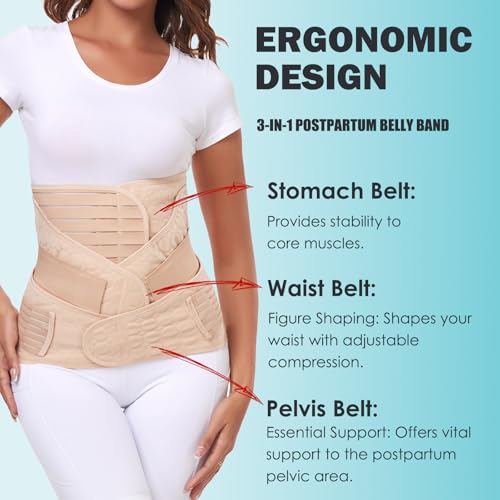 MAMODY 3-in-1 Postpartum Gürtel für Damen – Bauchgurt Nach Geburt,Shapewear, Waist Cincherr (Beige, S/M)