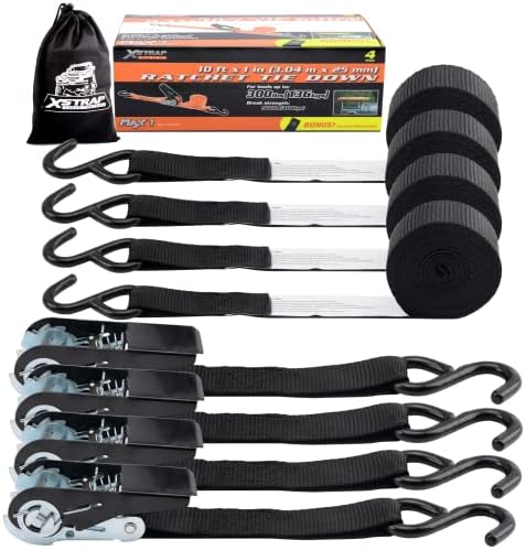 XSTRAP STANDARD Ratchet Tie Down Straps 4 Pk 10 Ft- 300 Lbs Load Cap- 900 Lbs Break Strength-Cargo Straps for Moving Appliances, Lawn Equipment, Black
