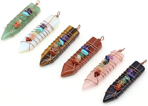 LHJ 4 colgantes de piedra natural con forma de cono de 7 chakras, reiki, curación mixta, dijes de piedra de cristal, alambre de cobre envuelto para