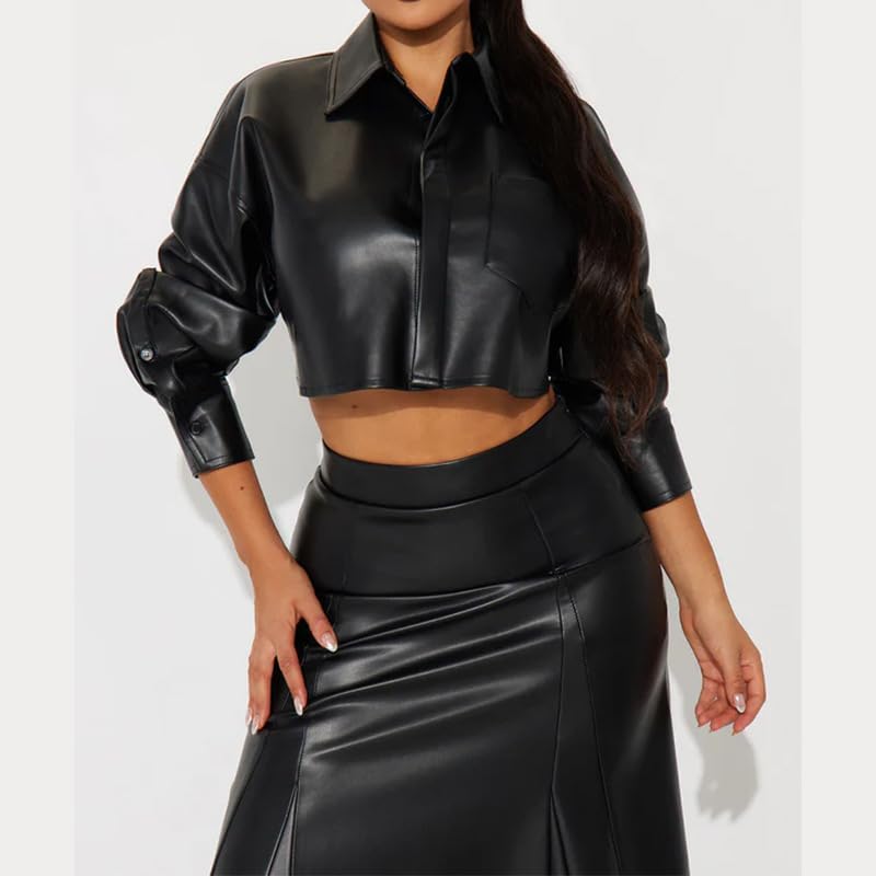 Womens PU Leather Outfits Long Sleeve Lapel Sexy Shirt Top Maxi Skirt Going Out Casual Set2