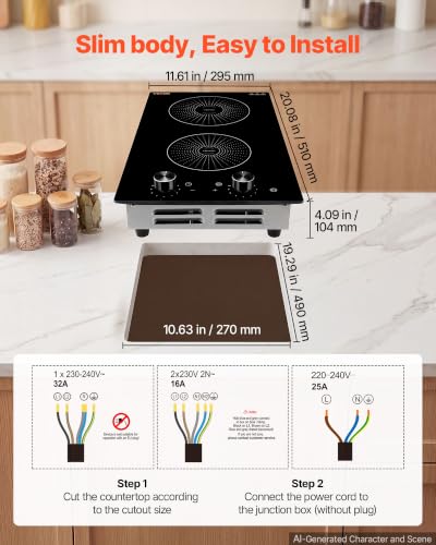 Image of VEVOR Induction Cooktop 12inch 2 Burners Built-in Electric Stove 220V 3500W, Induction Burner for Kitchen, with 11 Power Levels, Knob Control, Ceramic Glass Surface, Child Lock