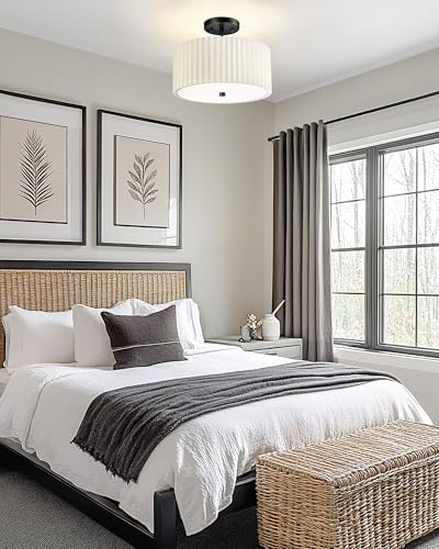 Image of Semi Flush Mount Ceiling Light, 3-Light 12.5 inch Matte Black Ceiling Light Fixture with White Pleated Fabric Shade, Drum Lamp for Nursery Hallway Bedroom Kitchen, AD-25036-3SF-BK