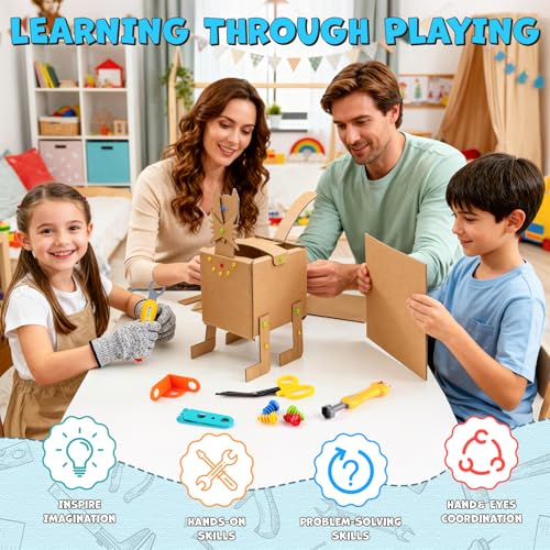 Image of 196 PCS Cardboard Cutter for Kids, Reusable Safe Cardboard Tools for Kids with Box, Gloves, Screws, Connectors, Screwdrivers, Saws, Educational Toys for 5 6 7 8 Year Old, Birthday Gift for Boys Girls