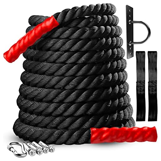 Battle Rope for Home Gym – Anchor Strap Kit & Wear Resistant Protective Sleeve – Heavy Fitness Rope Exercise Equipment for Outdoor Workouts – FREE Training eBook – 30 Ft Length 1.5 Inch Diameter – Strength & Cardio Workout