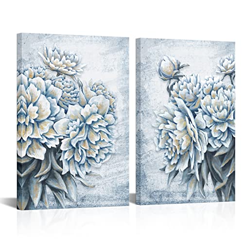 HOMEOART Flores azules decoración de la pared peonía pintura floral impresión arte lienzo enmarcada obra de arte sala de estar dormitorio cocina decoración 16 "x24"x2 Panel Cover