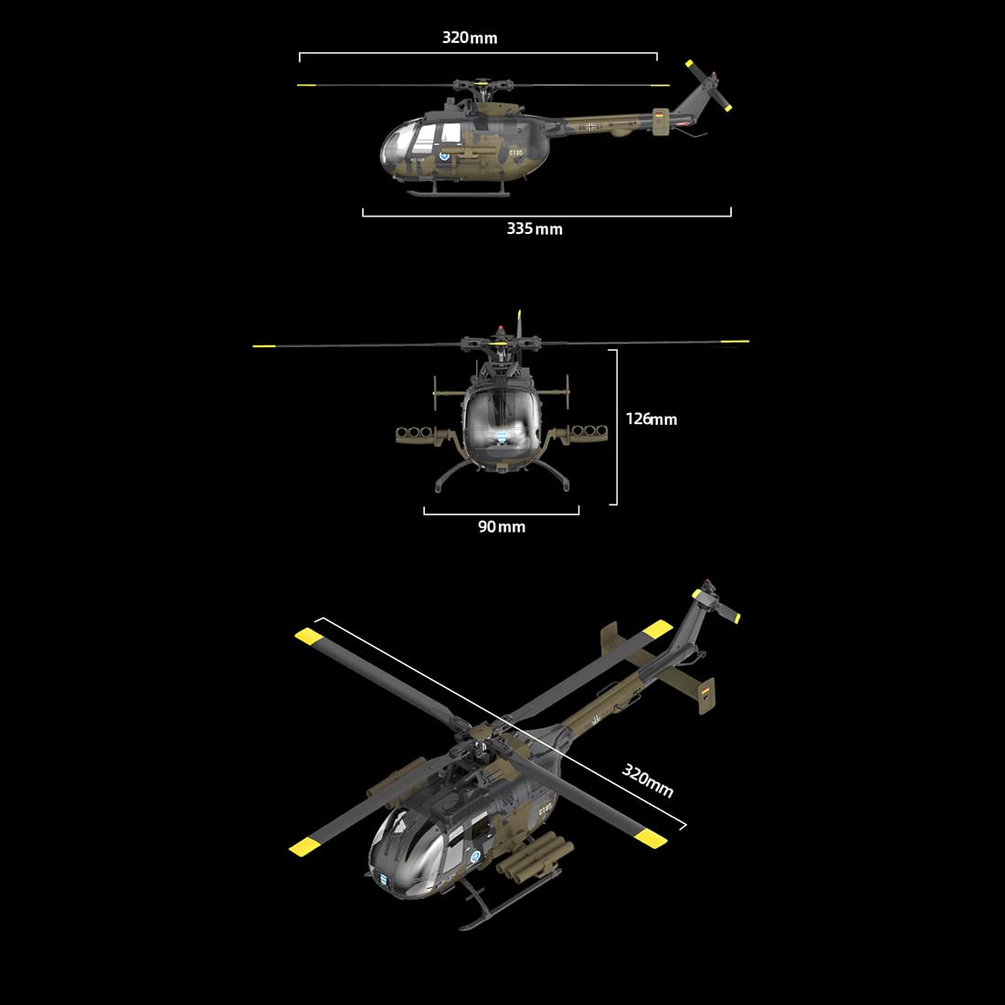Elicottero RC 1/25, elicottero C180, 2,4 GHz 6 CH Flybarless modello elicottero con barometro, TOF LiDAR, posizionamento ottico e supporto missilistico, modello militare elicottero, RTF