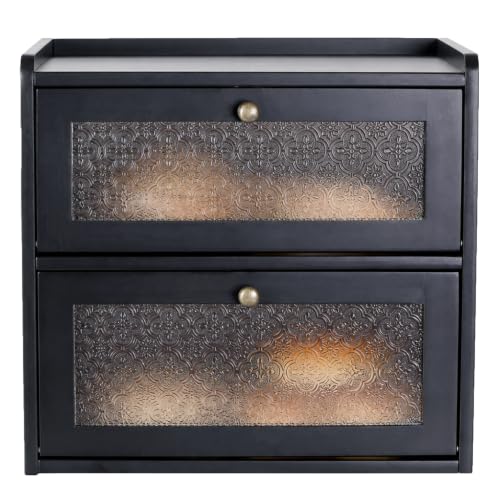 Sunhoo Bread Box for Kitchen Countertop, Large Pine Wood Breadbox, Black | Farmhouse Pantry Container, Double Layer Storage, Fresh Homemade Sourdough Bin, Vintage Textured Acrylic Door, Easy Assembly