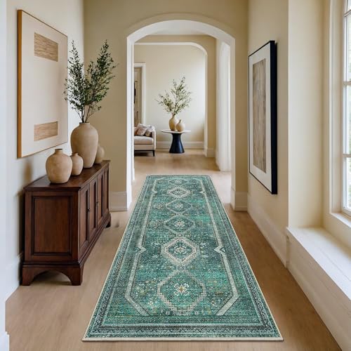 GENIMO 2x10 Non Slip Hallway Runner Rug, Machine Washable, Thin & Low Pile Lightweight for Kitchen, Laundry, Entryway, Bedroom & Living Room, Teal