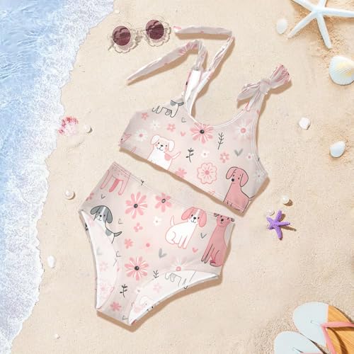 Girls' Bikini Set, Pink Pastel Dogs and Flowers Kids Swimsuit 2 Pcs Beach Bathing Suit4