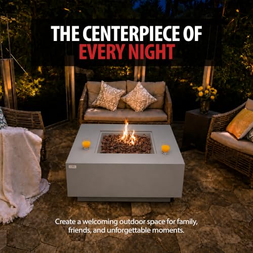 Image of AMS Creations | Brooklyn 40 inch Bundle Square Propane Gas Outdoor Fire Pit Table | Light Gray Concrete GFRC Smooth Texture Surface Fire Pit Table