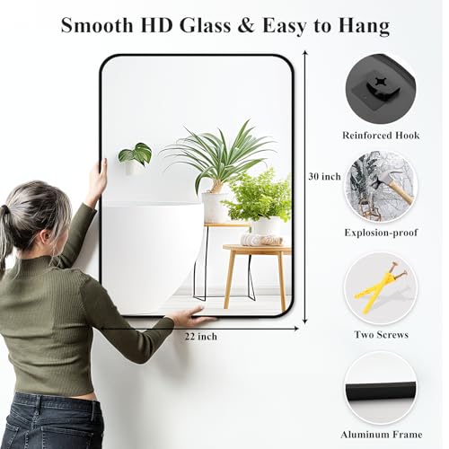 Fabuday Black Wall Mirror for Bathroom Over Sink - 22x30 Matte Metal Framed Rectangle Mirror, Rounded Rectangular Vanity Mirrors for Living Room, Bedroom, Entryway, Hallway, Horizontally/Vertically