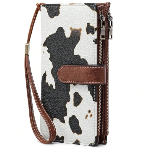 Image of Women Leather Wallet Crossbody Shoulder Bag with Double Zipper and Mobile Phone Purse with Shoulder Strap