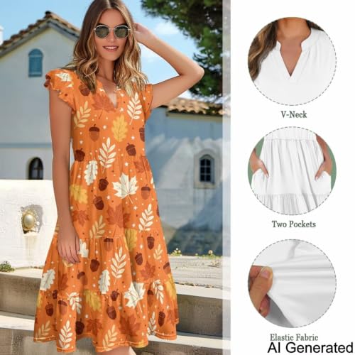 Image of Womens Summer Dress Ruffle Sleeve V Neck Dress Casual Fit Flowy Beach Vacation Sundress with Pocket S-2XL