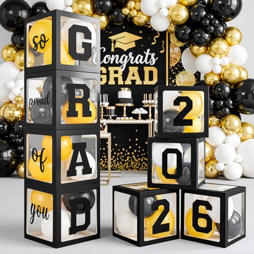 OLANRUN Graduation Decorations Balloons Boxes 4 Pcs Black Balloon Boxes with 20 Pcs Balloons and GRAD 2026 & So Proud of You Letters Class of 2026 Graduation Decoration for High School College