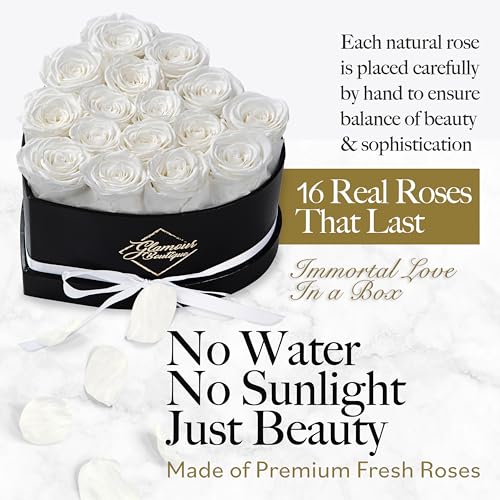 Image of GLAMOUR BOUTIQUE 16 Flower Forever Heart Shape Box, Mothers Day Gift For Mom, Eternal Preserved Roses Gift for Her, Flowers bouquet, For Birthday, Anniversary, Girlfriend - White