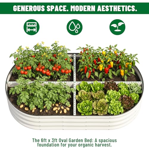 Image of SnugNiture 2 Pcs 6x3x1ft Oval Metal Raised Garden Bed for Vegetables, White | Protective rubber edging strips thickened corrugated galvanized steel
