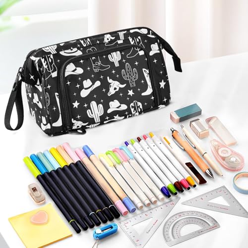 Image of Western Cowboy Black Pencil Case Pouch Big Capacity Pencil Bag Box Organizer Pen Case with Zipper Pencil Boxes for Girls Boys Women School College Office