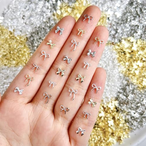 LBPEPAMZ 100Pcs Mixed Mini Nail Charms Gold Silver Metal Nail Art Various Styles Bow Nail Accessories for Acrylic Nails Art Flatback Nail Gems Jewelry DIY Nails Rhinestone for Women Manicure Supplies