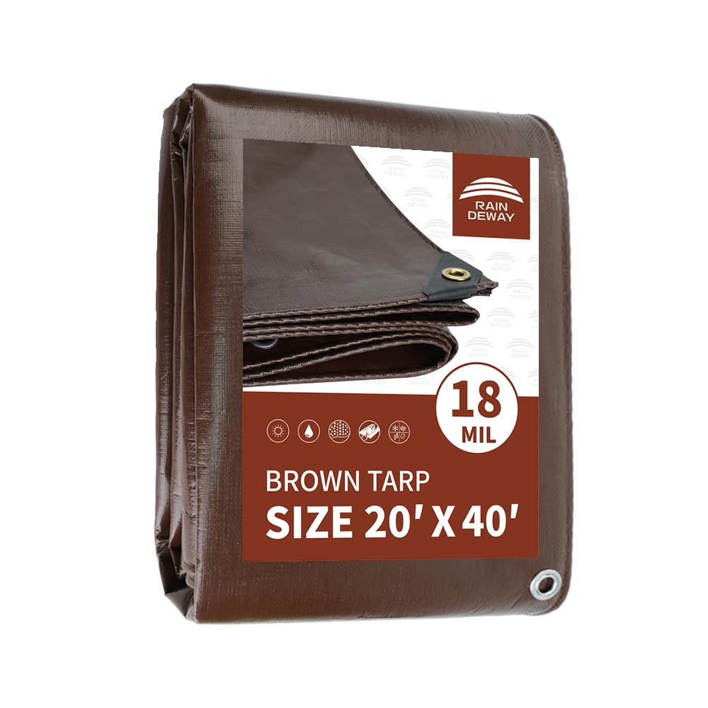 Raindeway 20x40 Feet Super Heavy Duty 18 Mil Brown Poly Tarp Cover Uv 