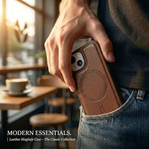 Image of amazon basics Premium PU Leather Case for iPhone 13, MagSafe Compatible Magnetic Ring, Sleek Protective Back Cover - [Brown]