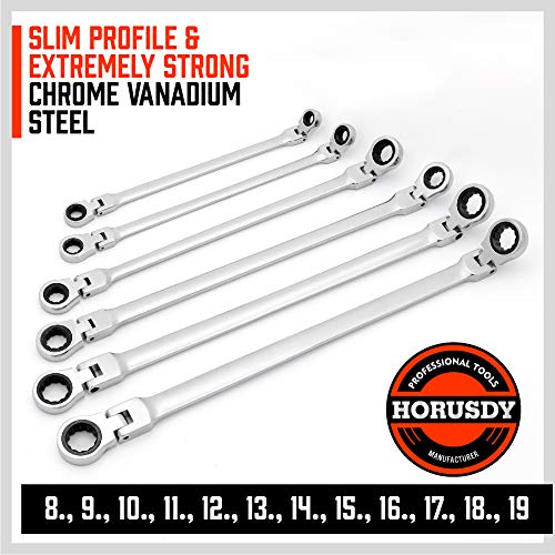 Horusdy 10-Piece Extra Long Flex-Head Ratcheting Wrench Set - Chrome Vanadium Steel With Metric 8Mm - 19Mm,With 1/4",3/8",1/2" Socket Drive Adapter #TOP3